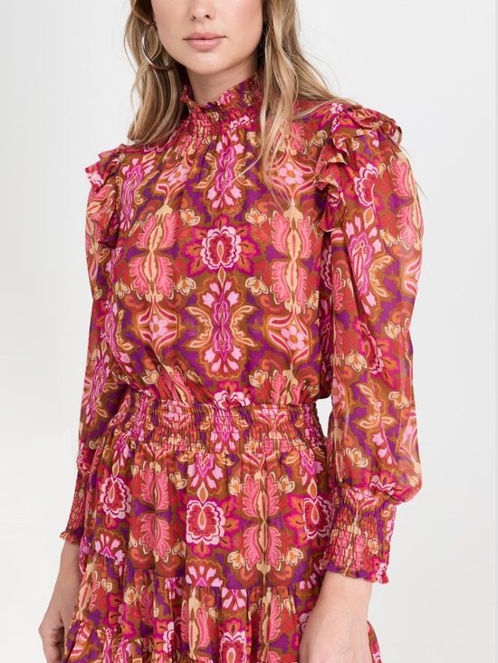 Misa Los Angeles Dresses & Skirts - Misa Los Angeles Pink & Brown Floral Ruffle Neck Dress